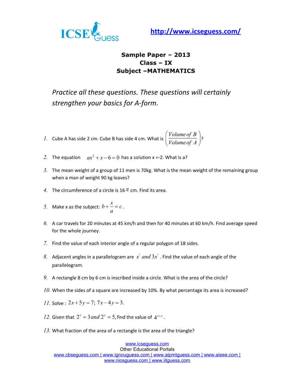 Sample Paper 2013 Class IX Subject MATHEMATICS