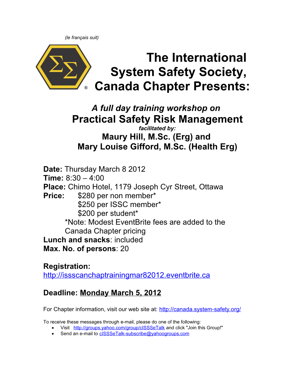 The International System Safety Society, Canada Chapter Presents