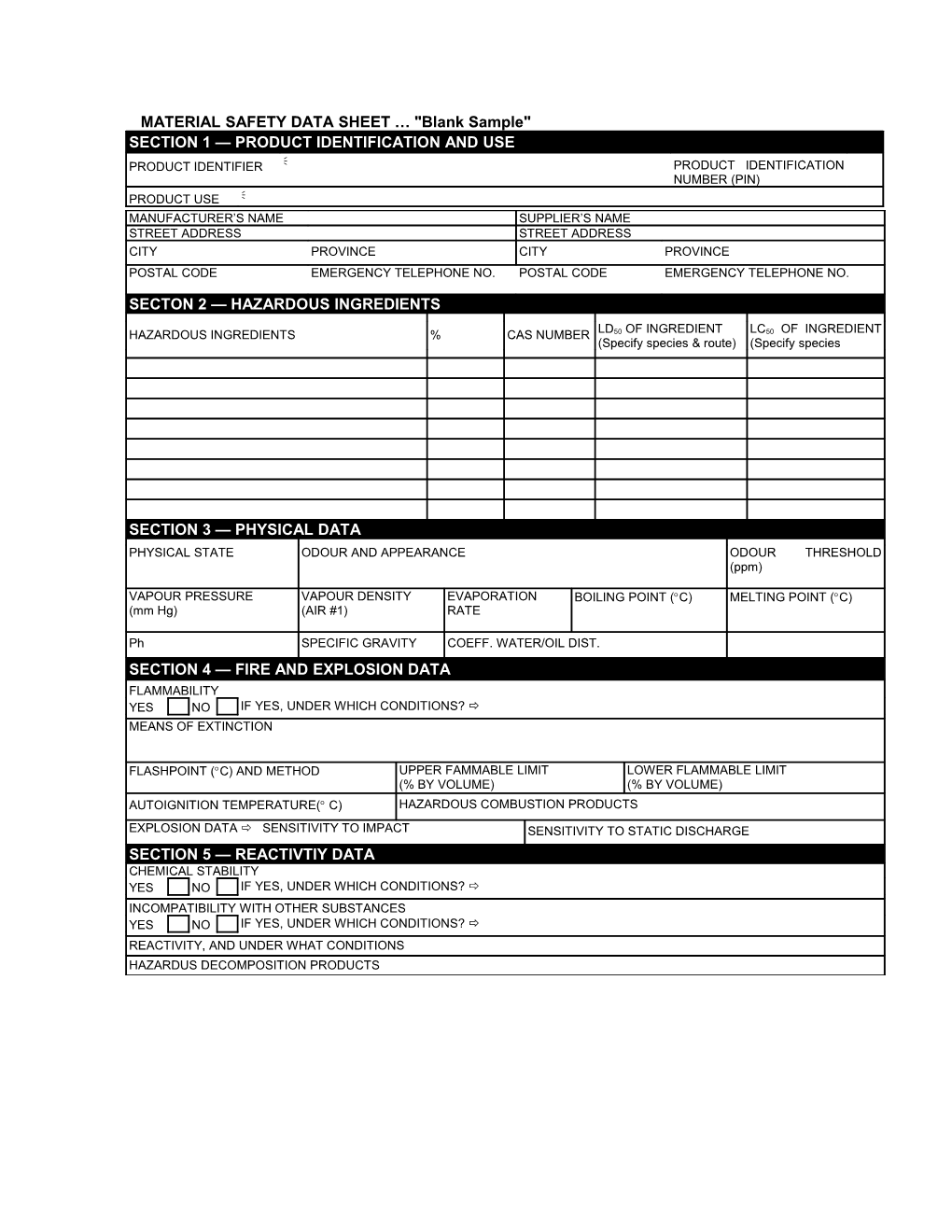 MATERIAL SAFETY DATA SHEET Blank Sample