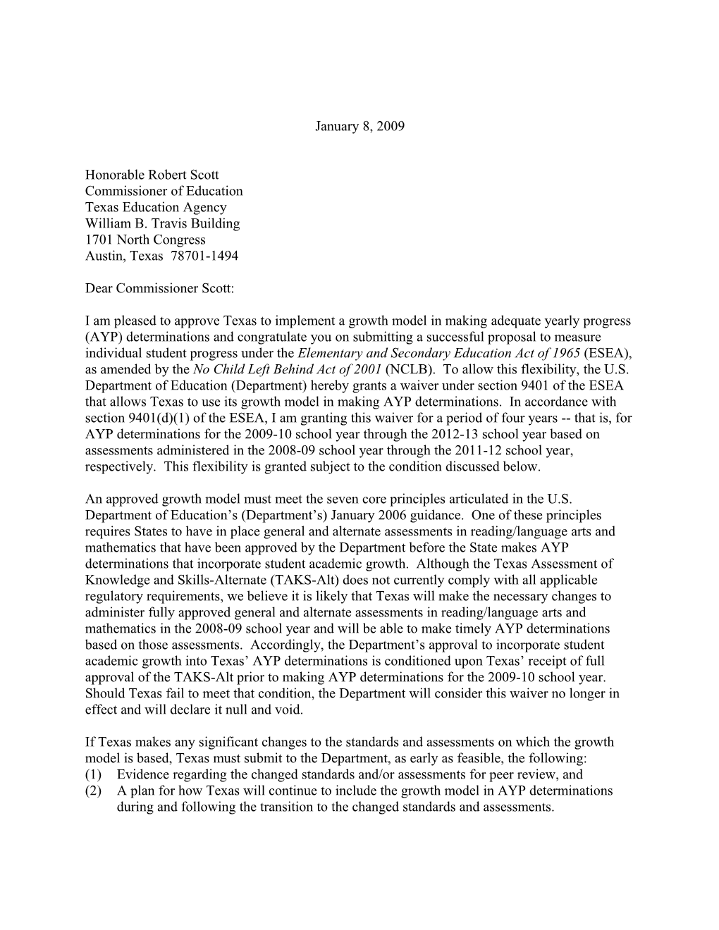 Texas Growth Model Decision Letter Dated January 8, 2009 (MS Word)