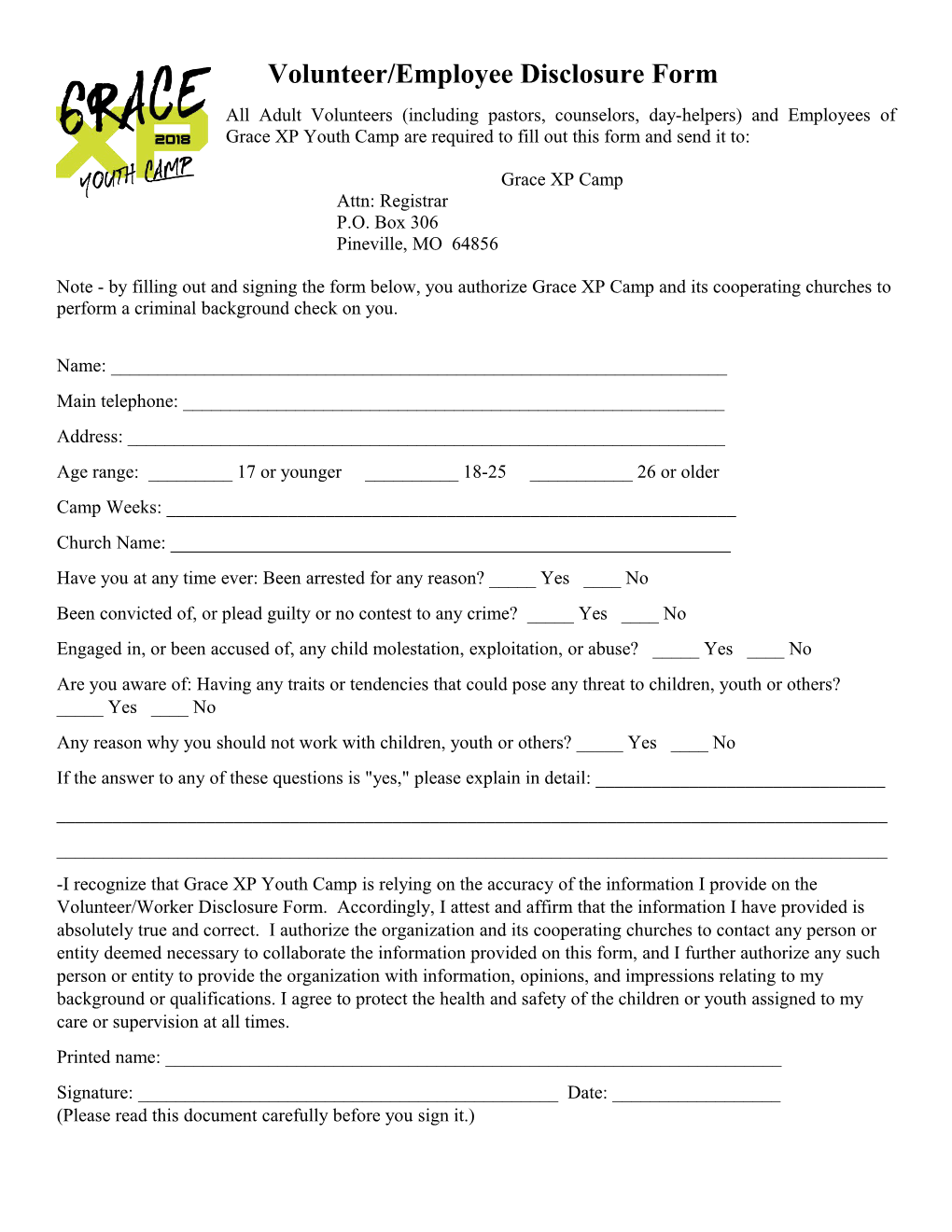 Volunteer/Employee Disclosure Form