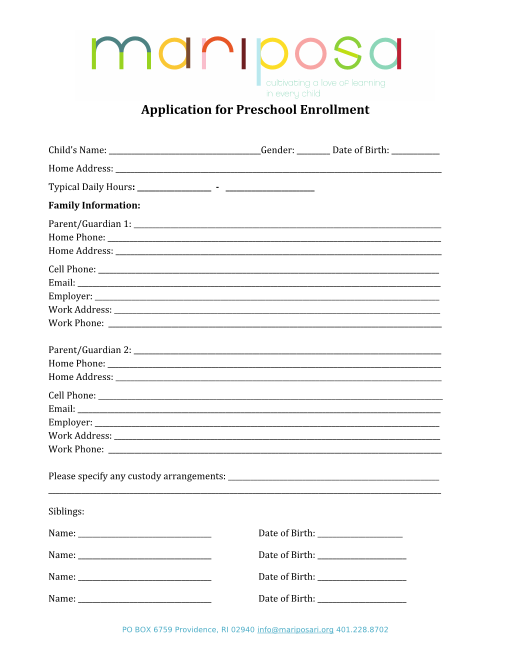 Application for Preschool Enrollment