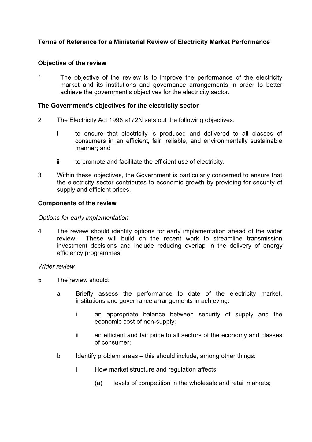 Terms of Reference for a Ministerial Review of Electricity Market Performance