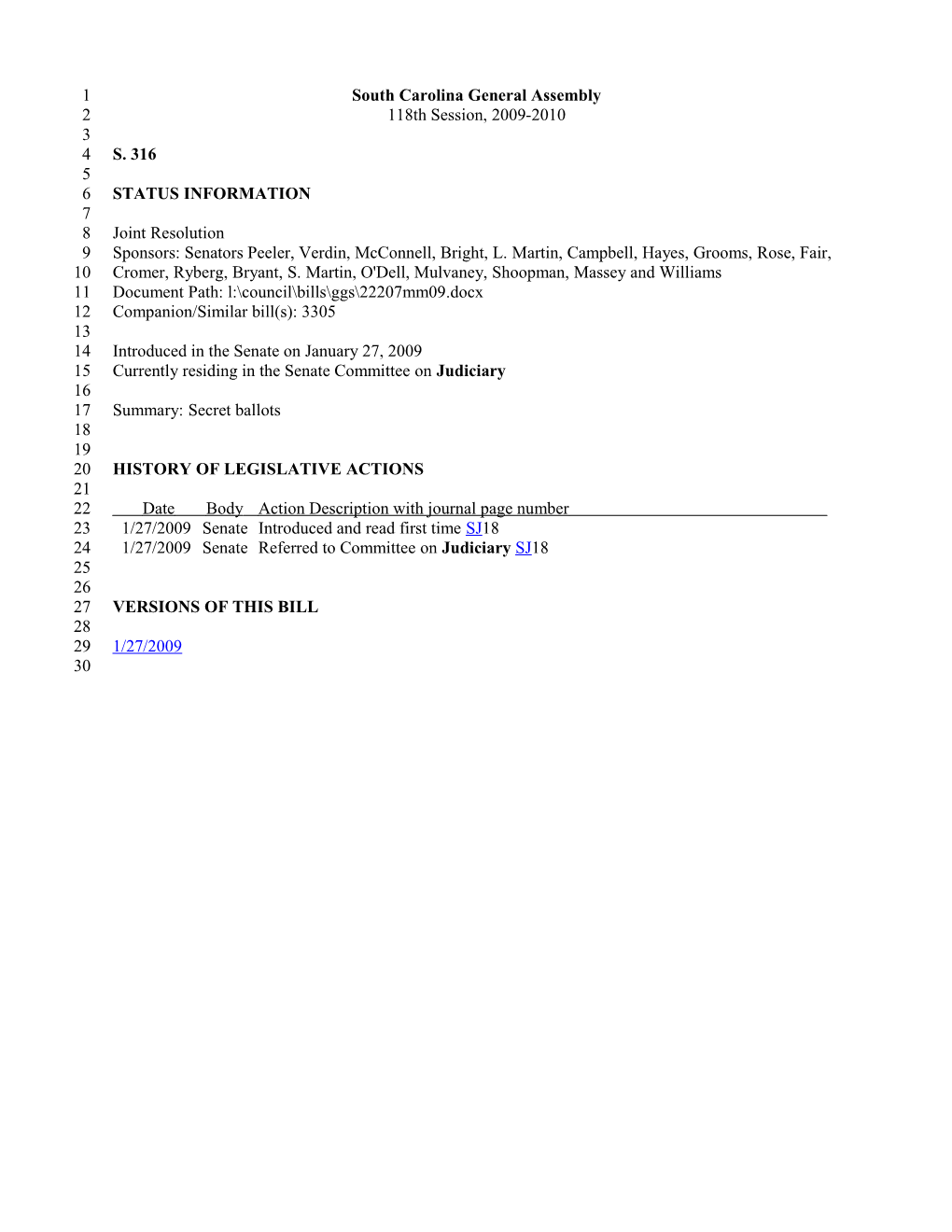 2009-2010 Bill 316: Secret Ballots - South Carolina Legislature Online