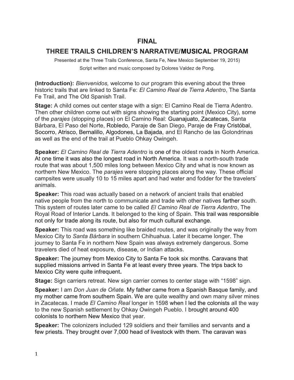 Three Trailschildren S Narrative/Musical Program