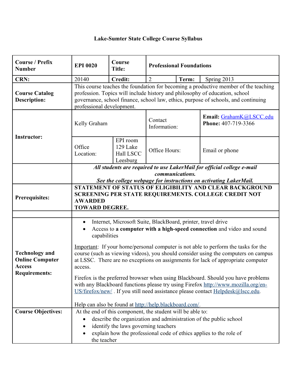 EPI 0020: Professional Foundations Syllabus March/April 2013