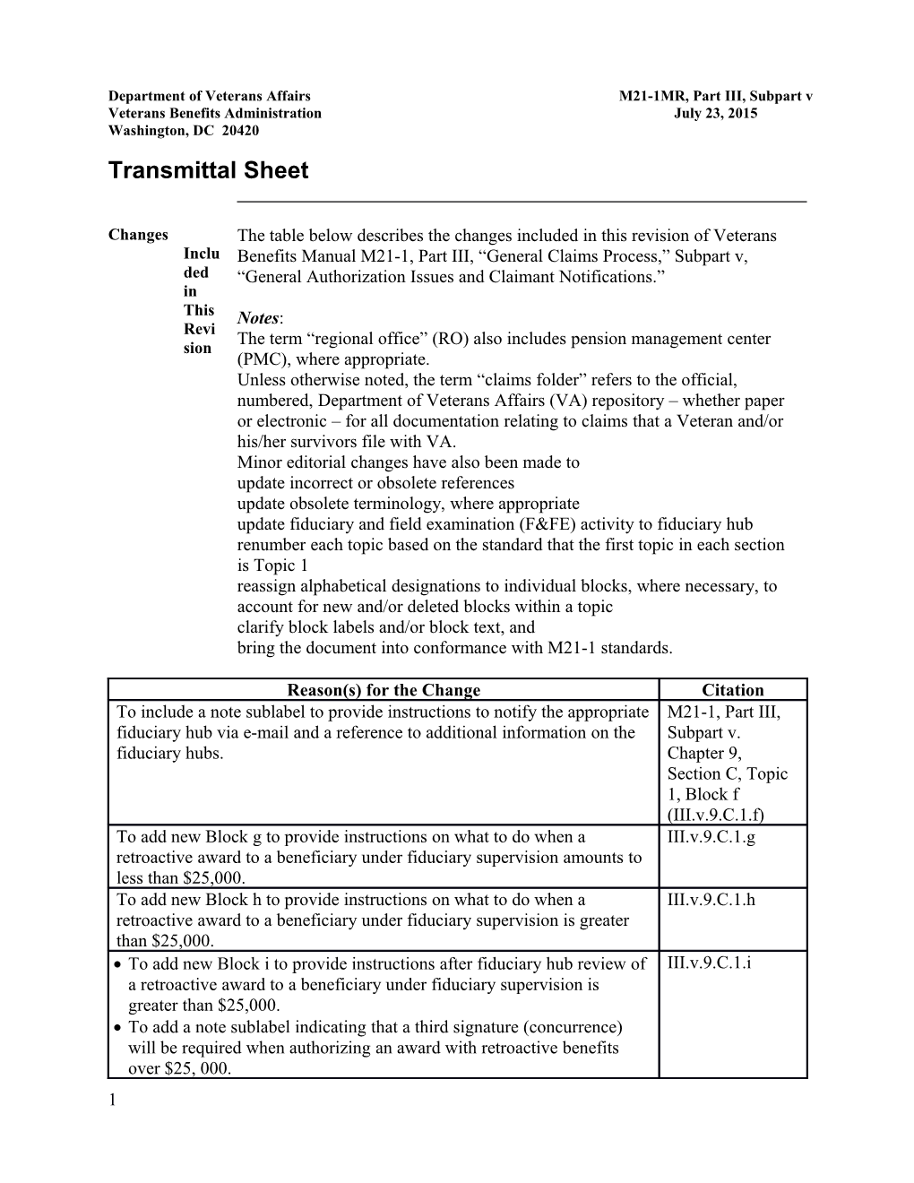 Department of Veterans Affairs M21-1MR, Part III, Subpart V