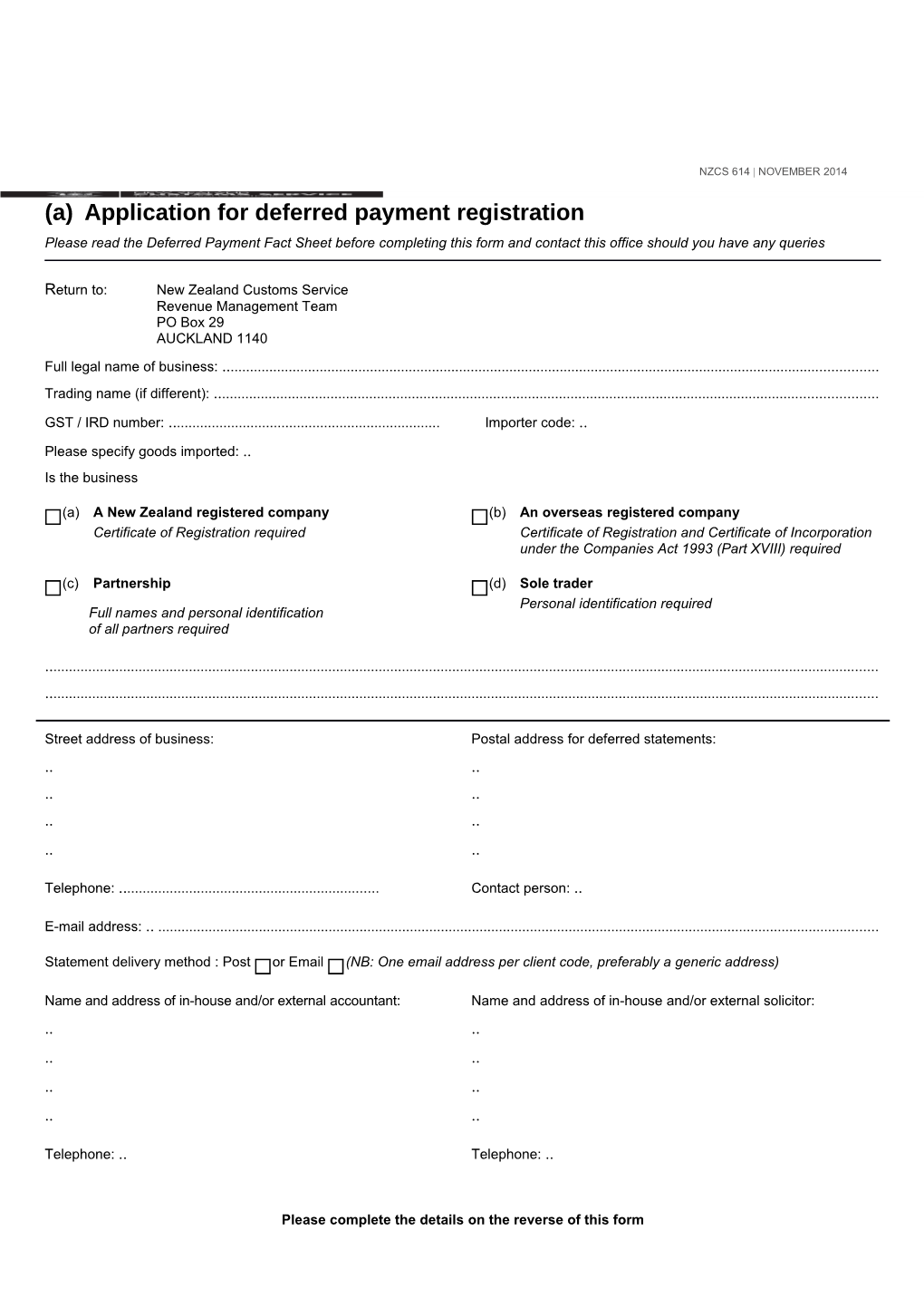 NZCS 614 - Application for Deferred Payment Registration