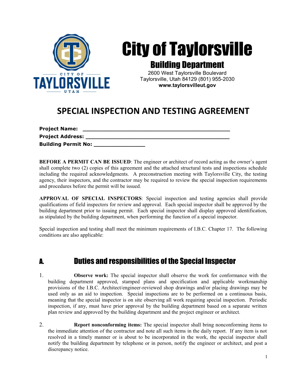 Special Inspection and Testing Agreement