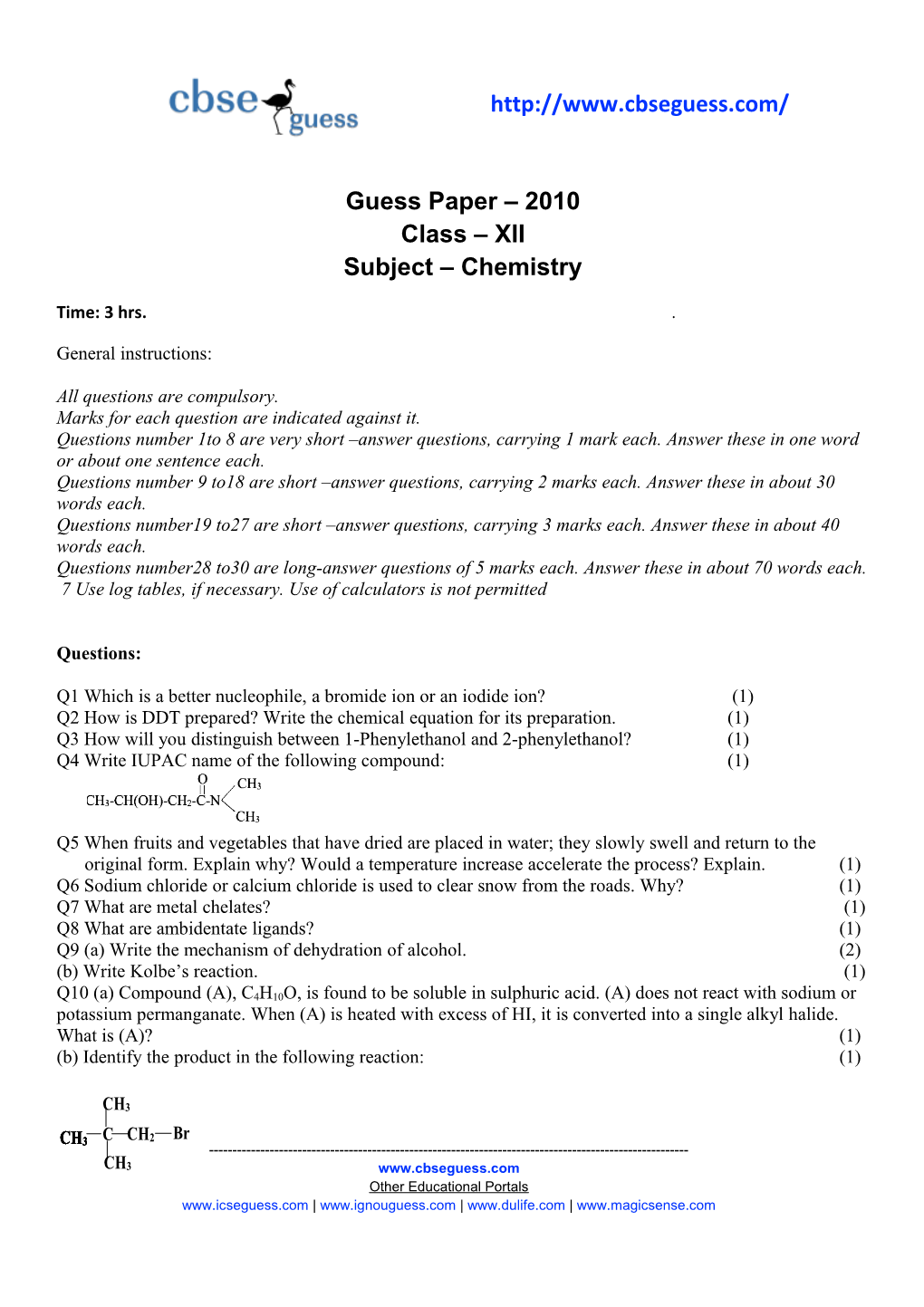 Guess Paper 2010 Class XII Subject Chemistry