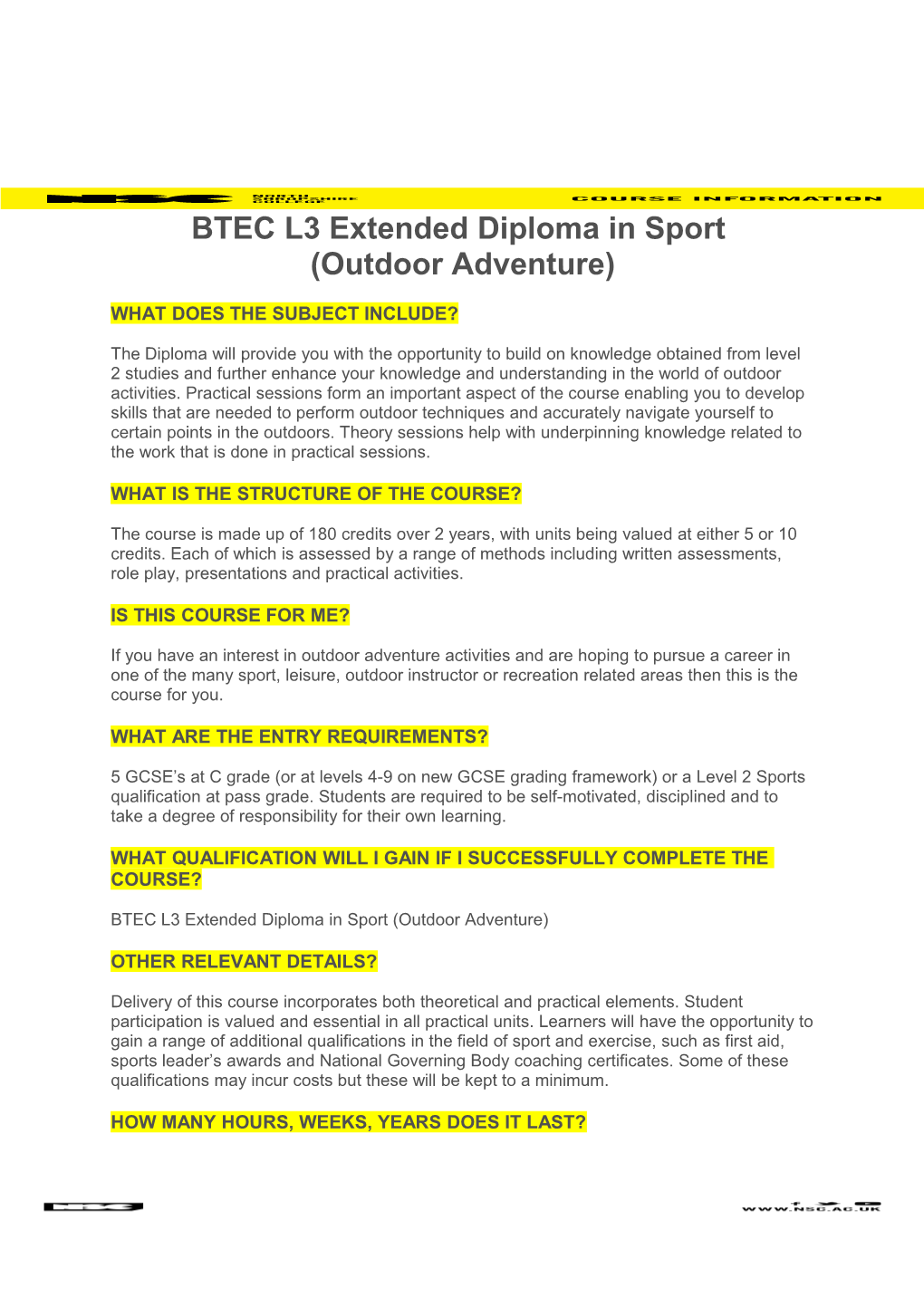 BTEC L3 Extended Diploma in Sport