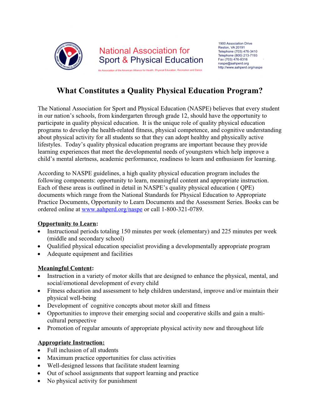 What Constitutes a Quality Physical Education Program
