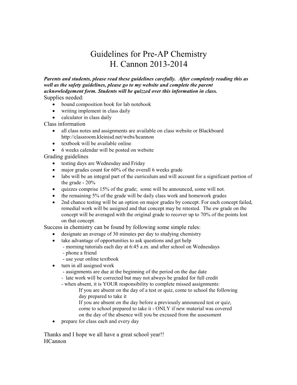 Guidelines for Pre-AP Chemistry