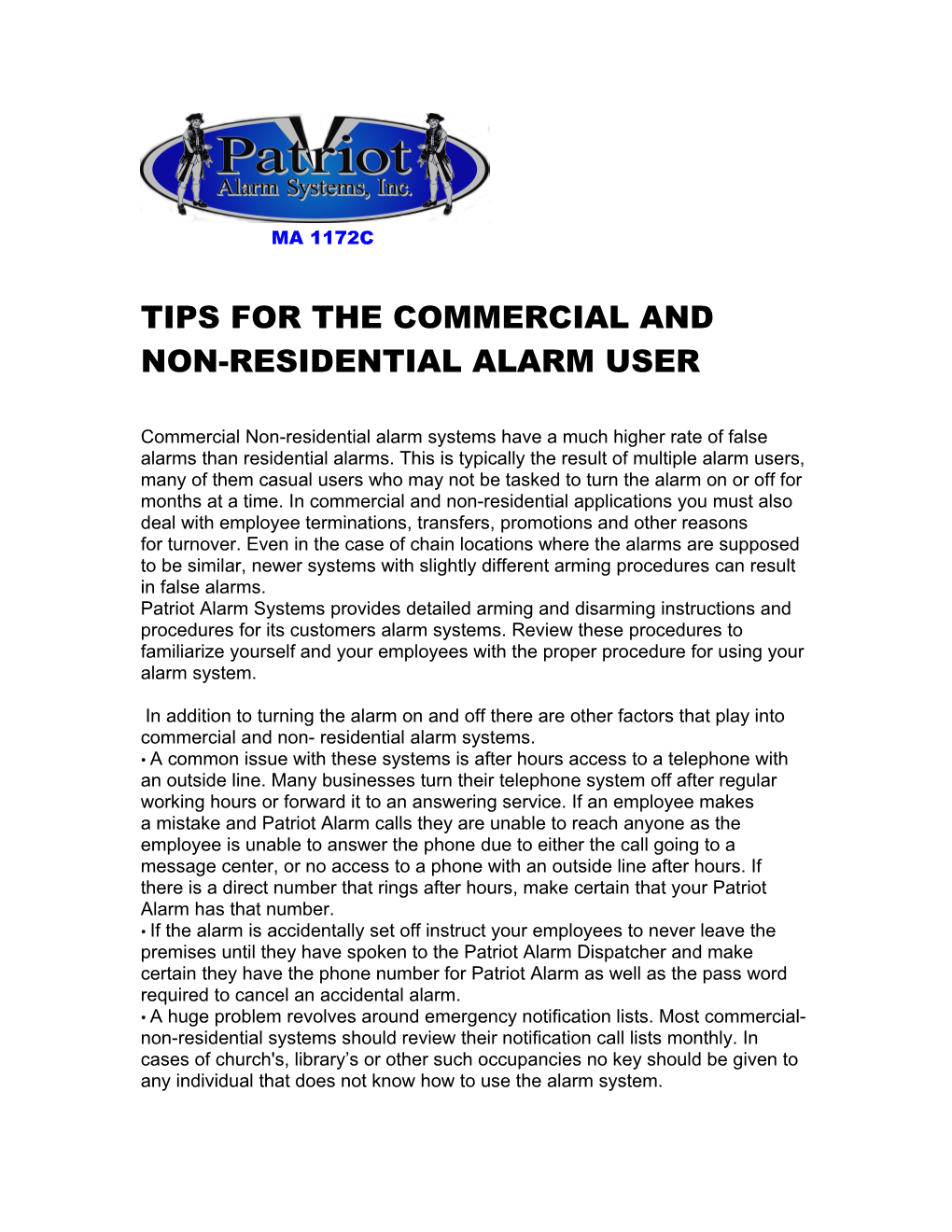 Tips for the Commercial and Non-Residential Alarm User