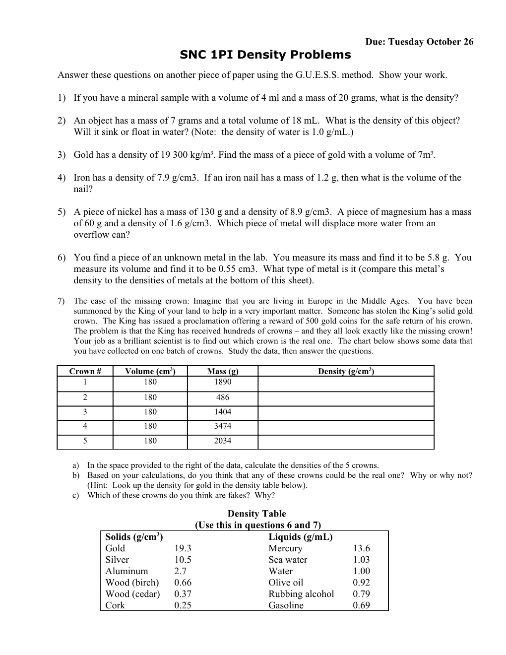 SNC 1PI Density Problems