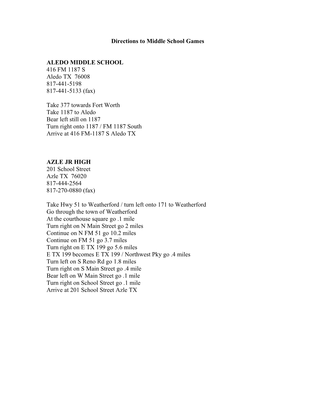 Directions to Middle School Games