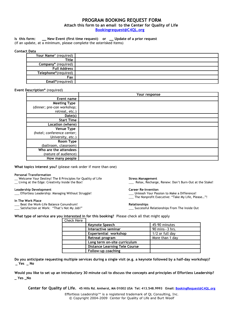 Program Booking Request Form