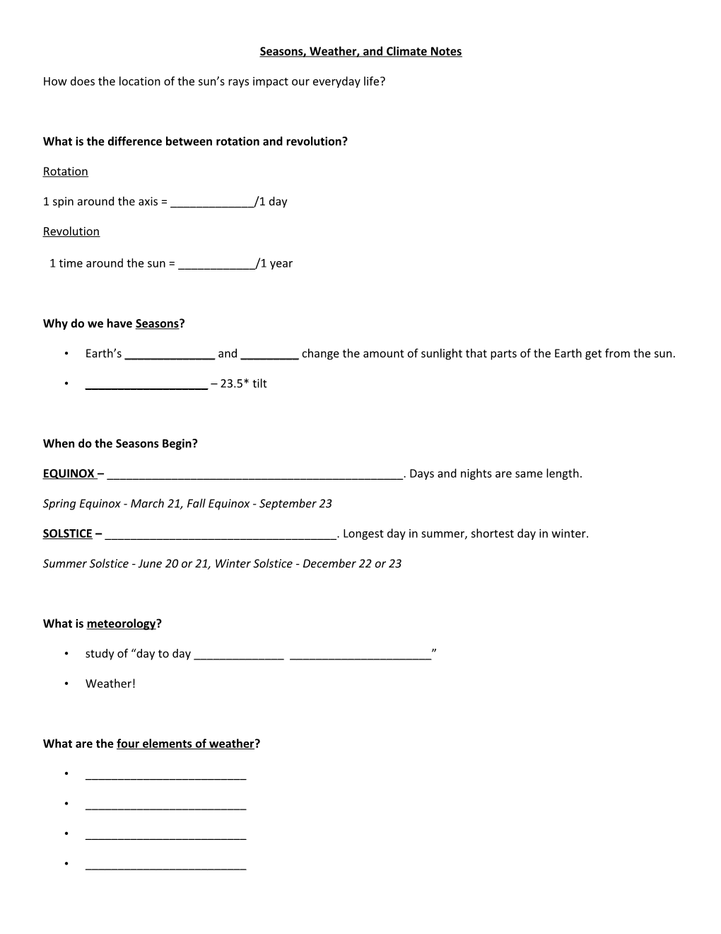 Seasons, Weather, and Climate Notes