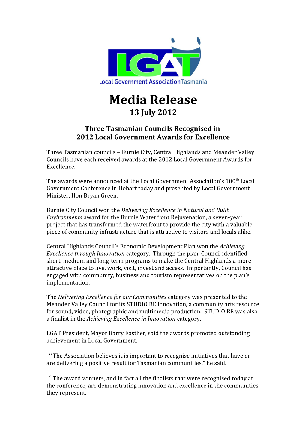 Three Tasmanian Councils Recognised In