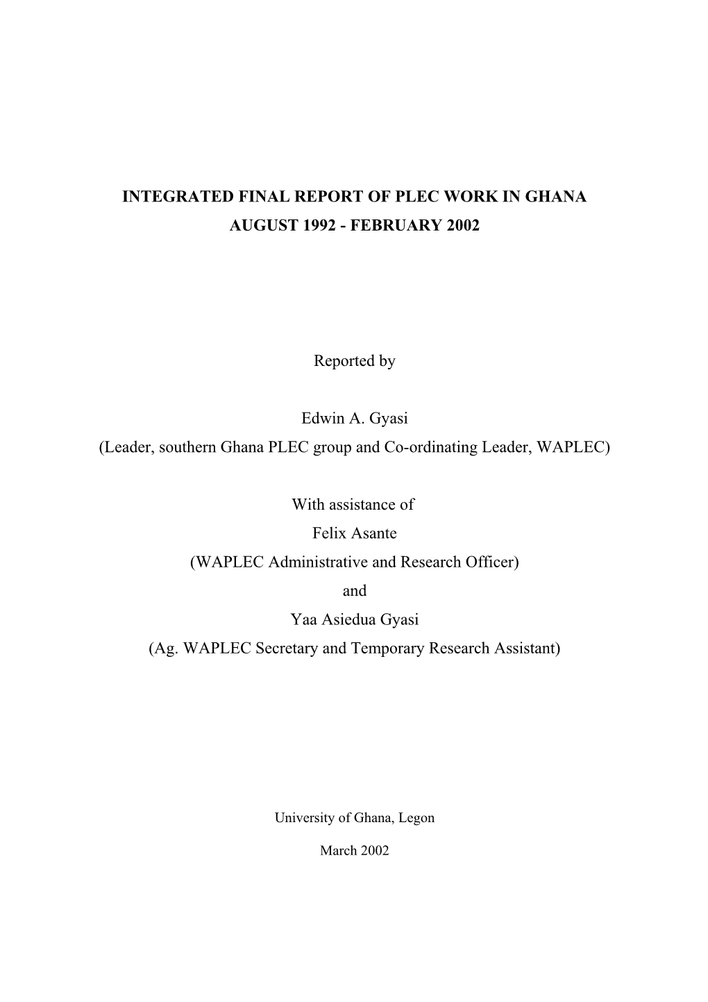 Integrated Final Report of Plec Work in Ghana