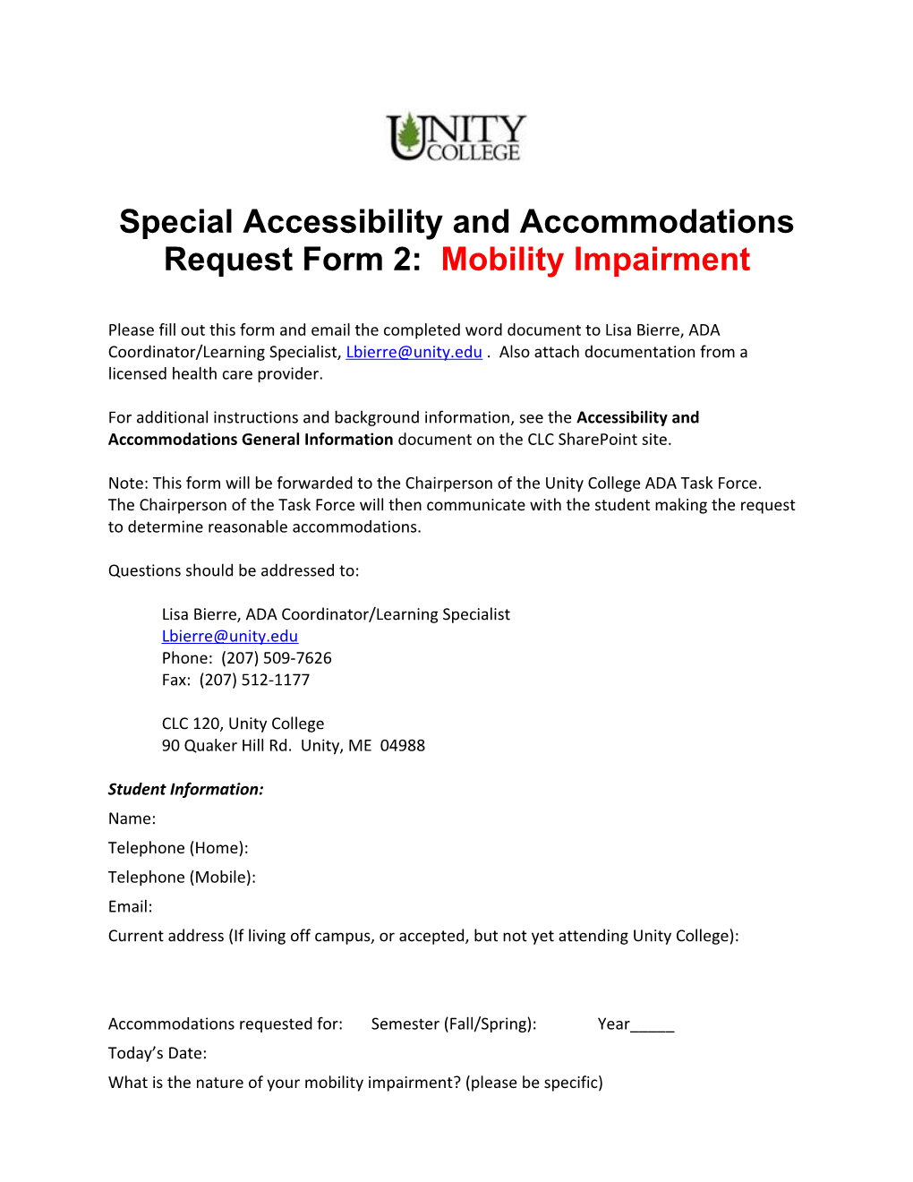 Special Accessibility and Accommodations Request Form 2: Mobility Impairment