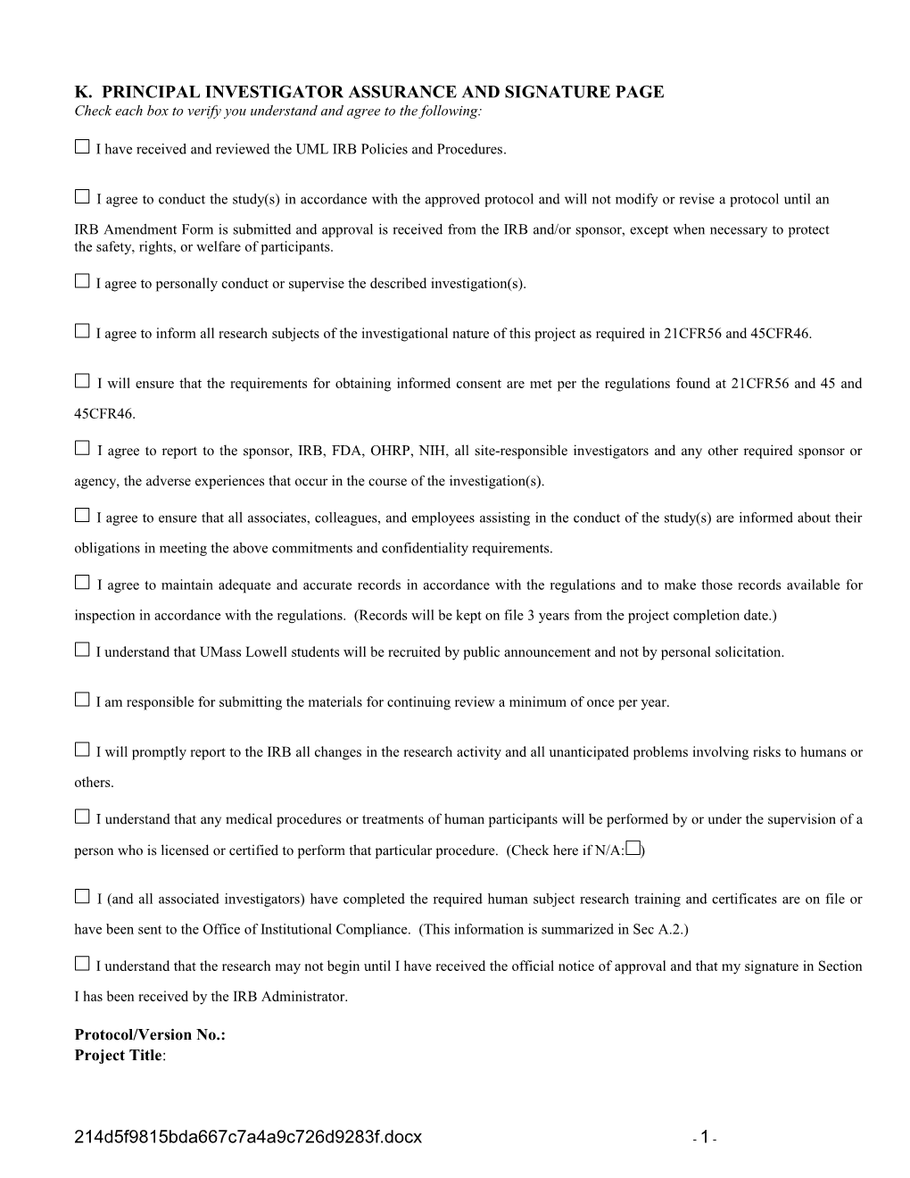 K. Principal Investigator Assurance and Signature Page