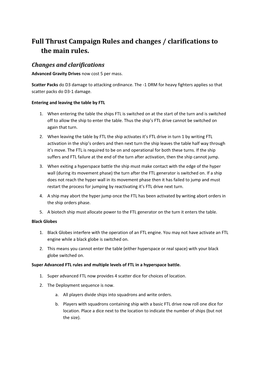 Full Thrust Campaign Rules and Changes / Clarifications to the Main Rules