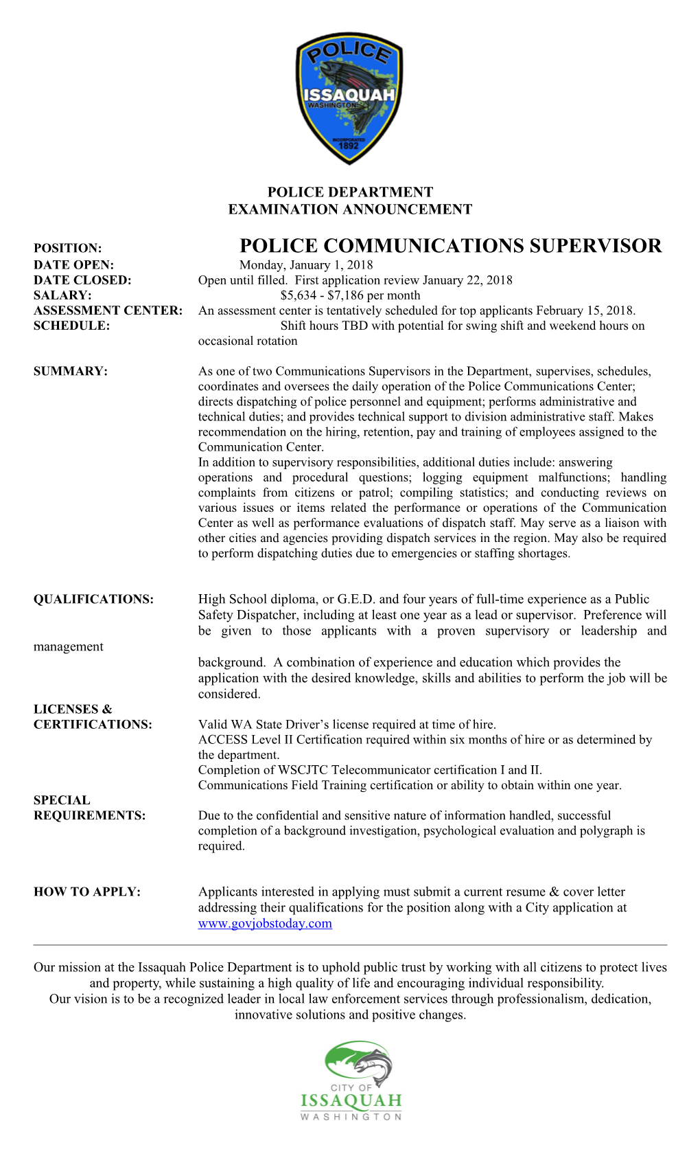 Position:Police Communications Supervisor