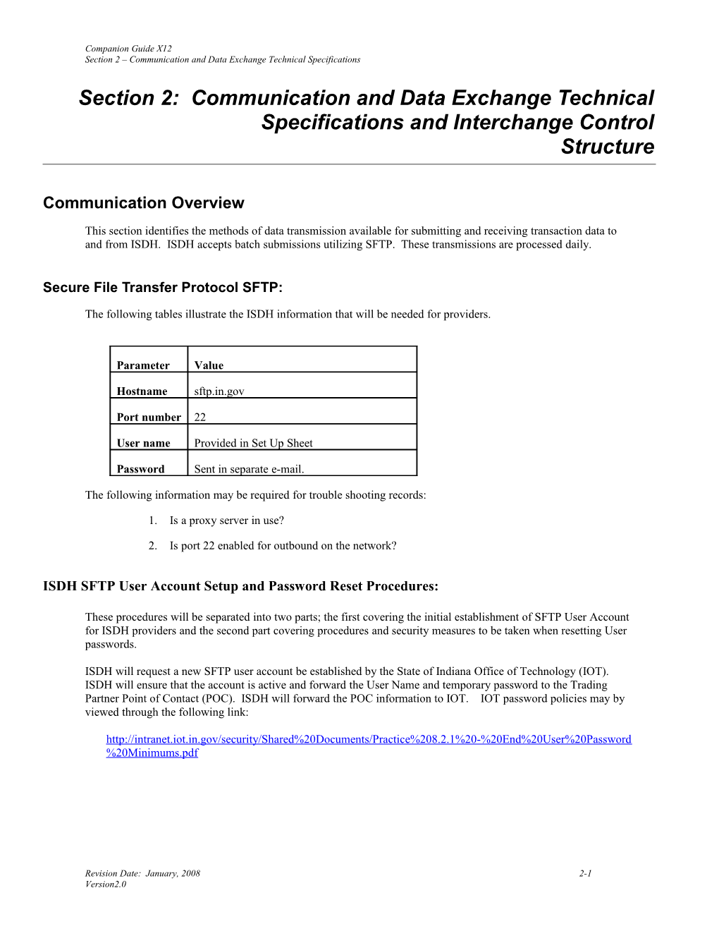 Section 2: Communication and Data Exchange Technical Specifications and Interchange Control