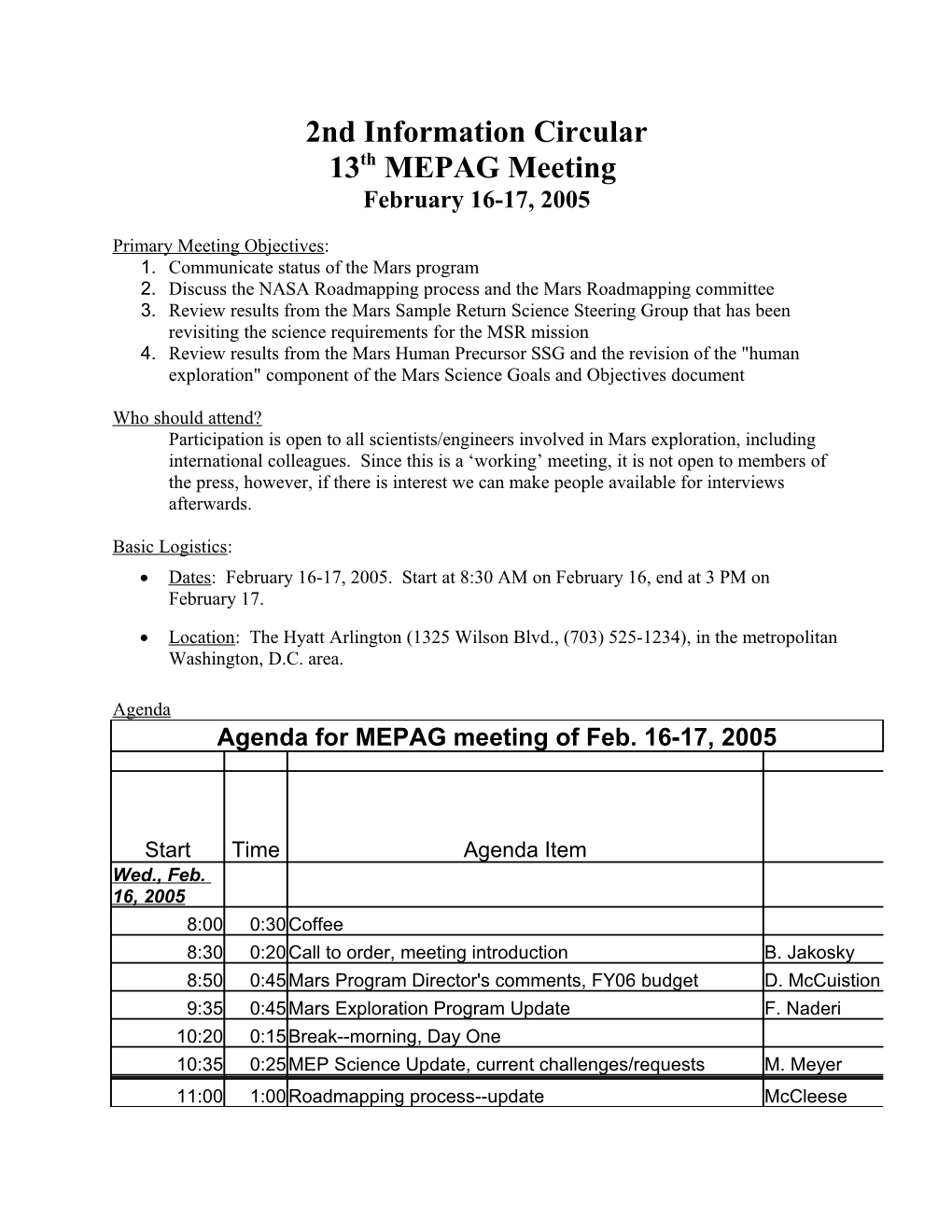 Mepag Meeting Planning