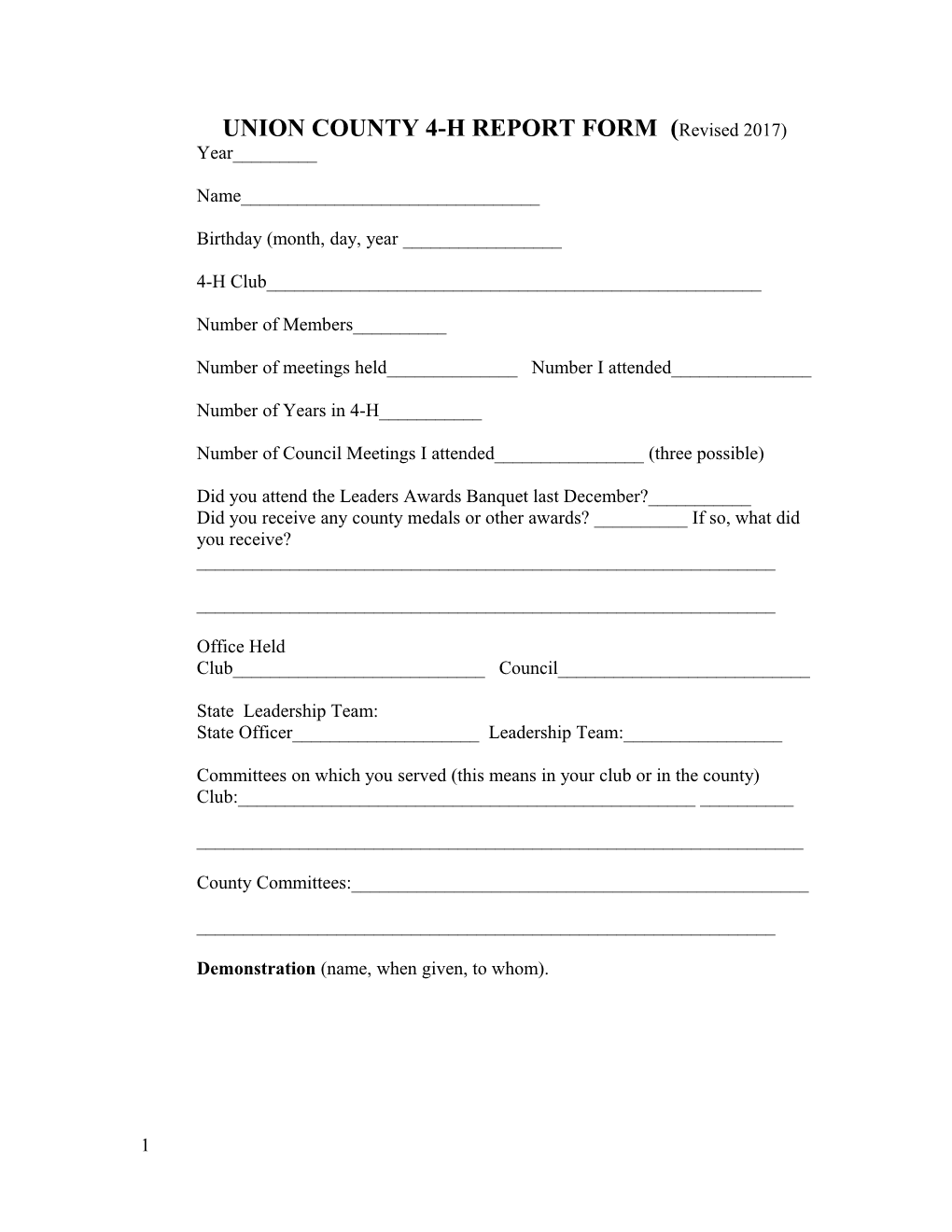 Union County 4-H Report Form