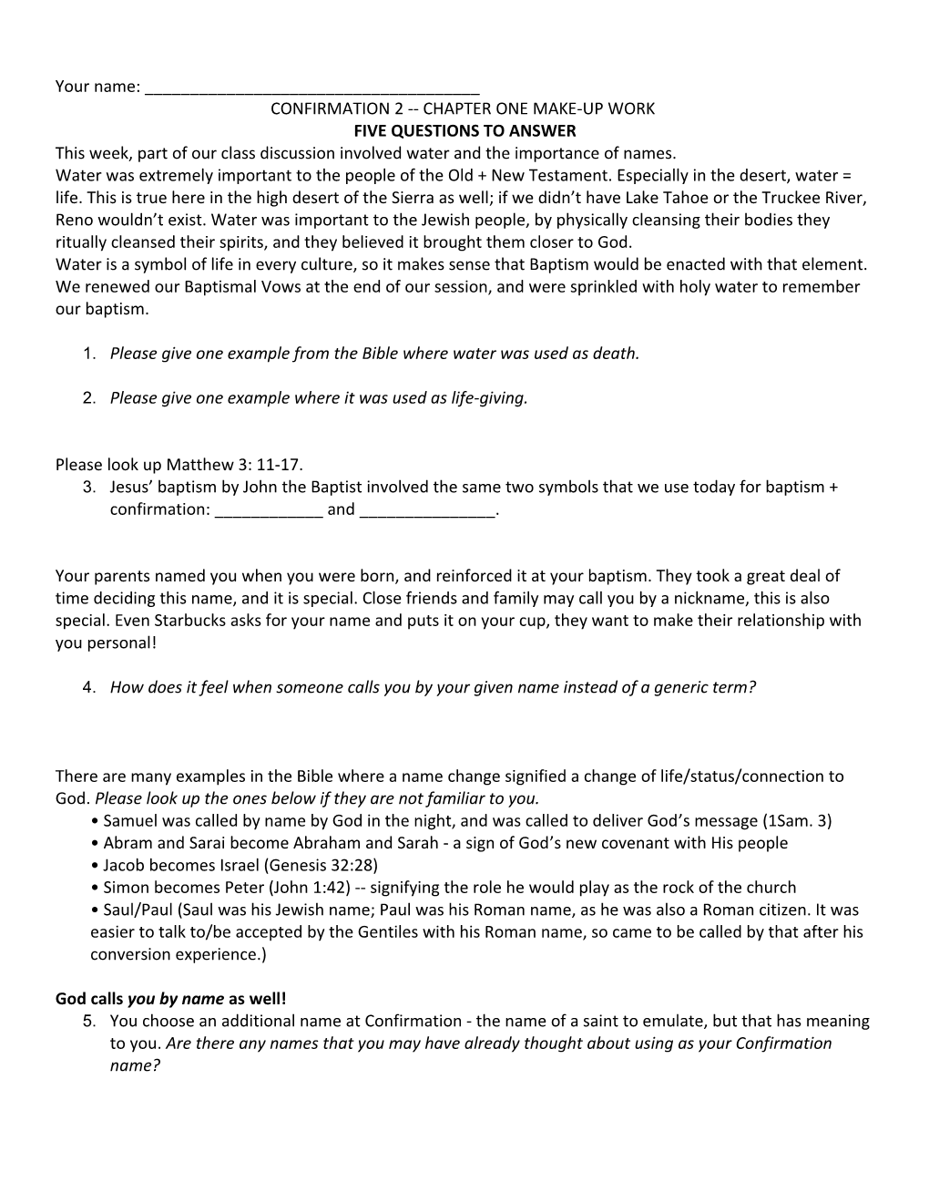 Confirmation 2 Chapter One Make-Up Work