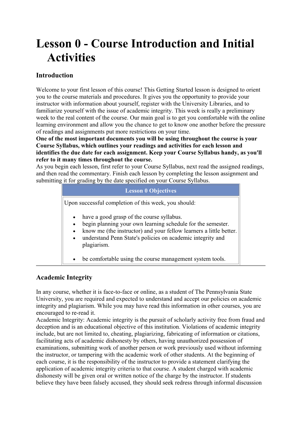 Lesson 0 - Course Introduction and Initial Activities