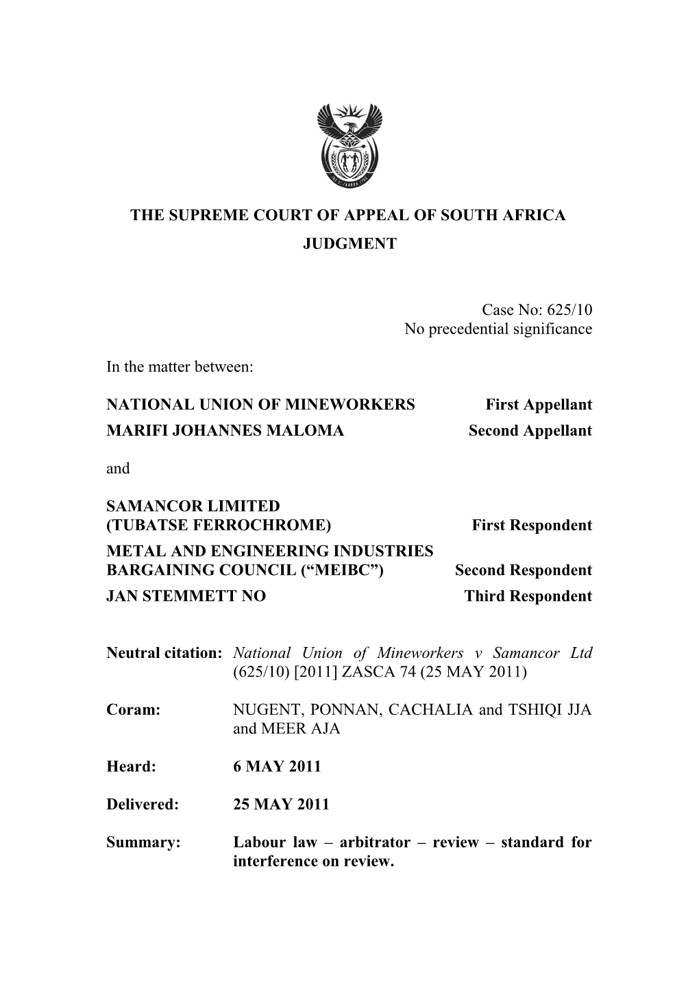 The Supreme Court of Appealof South Africa