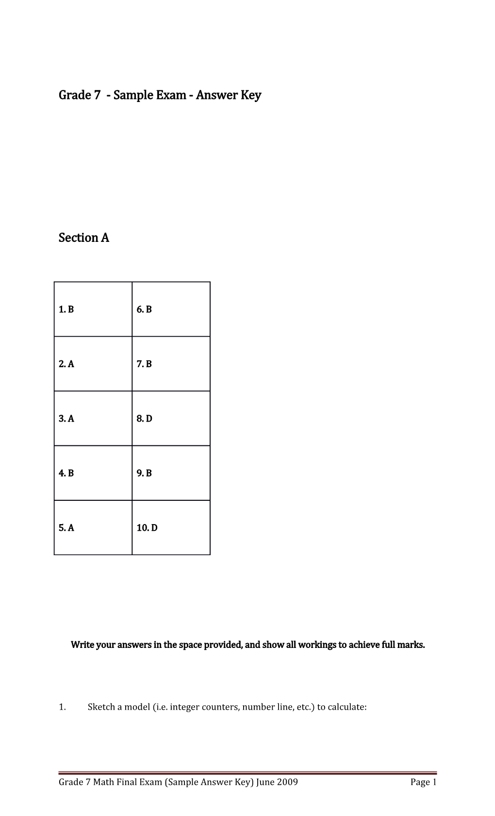 Grade 7 Math Final Examination Sample