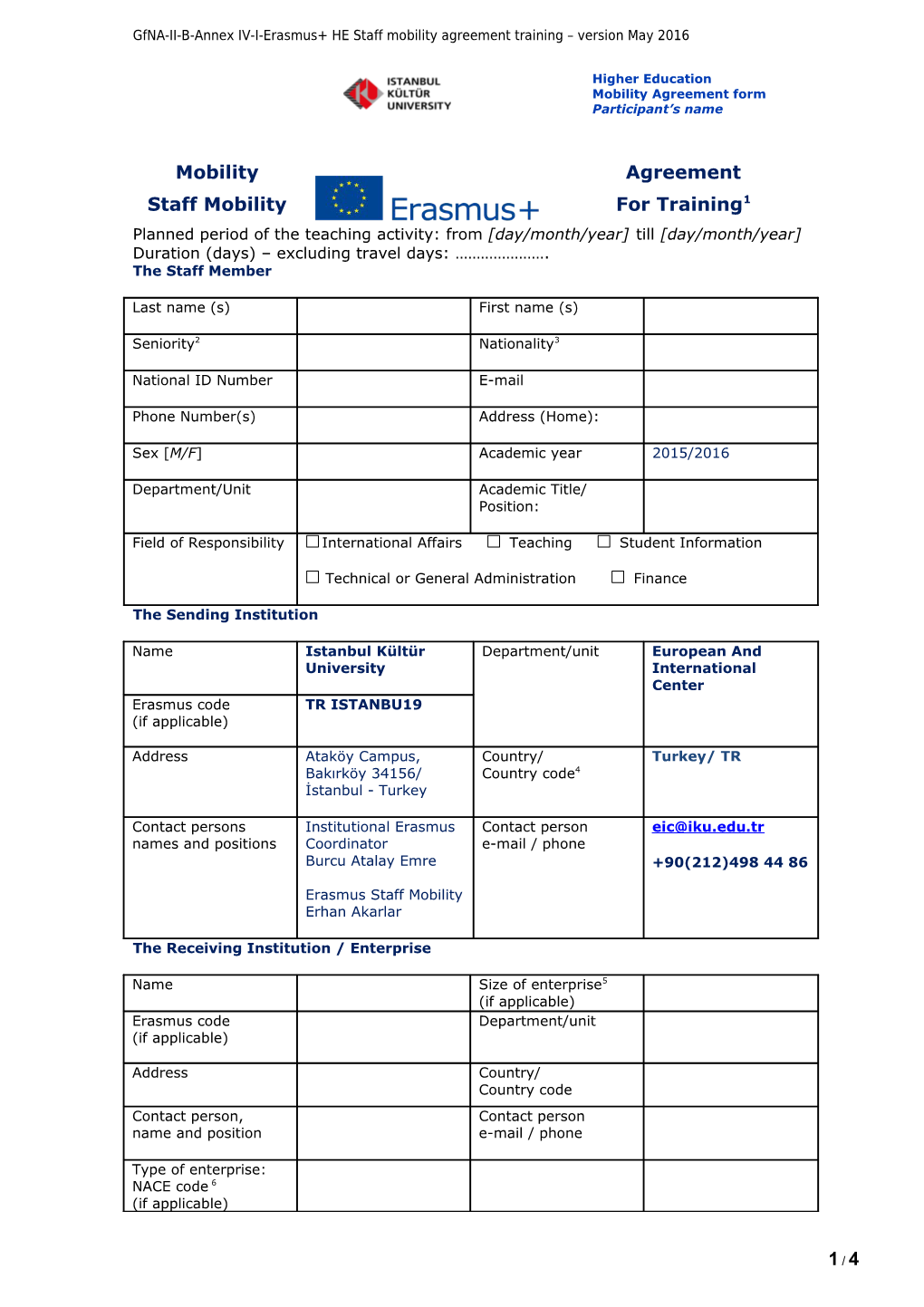 Gfna-II-B-Annex IV-I-Erasmus+ HE Staff Mobility Agreement Training Version May 2016