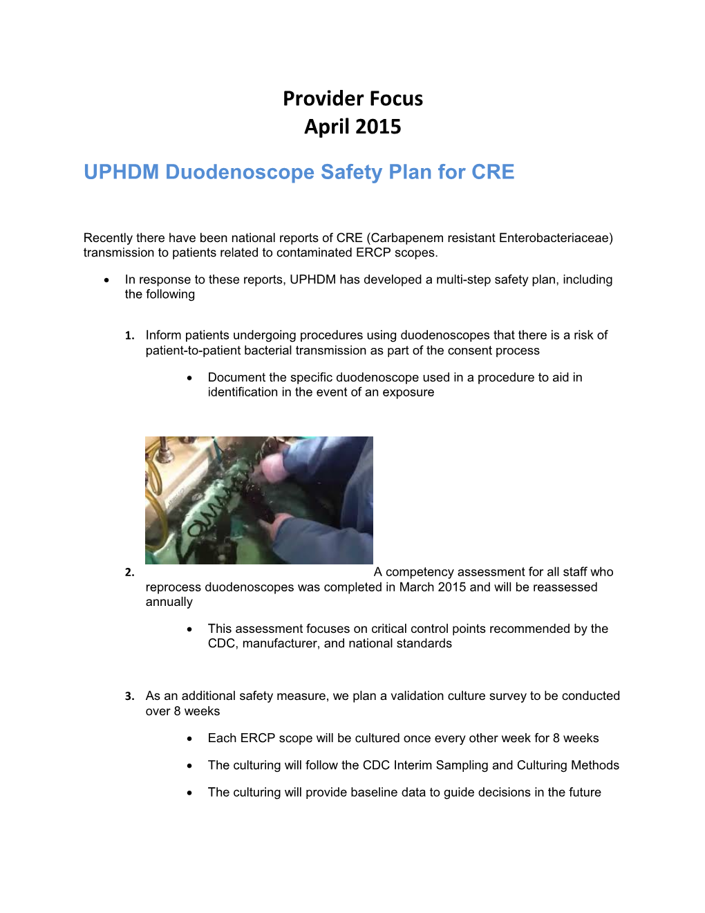 UPHDM Duodenoscope Safety Plan for CRE