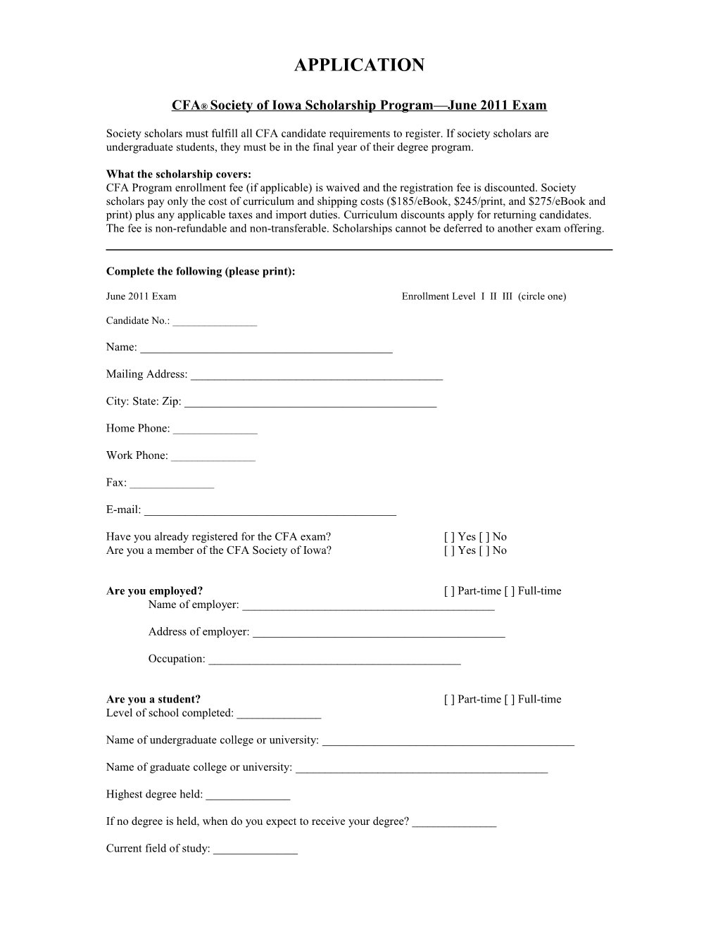 CFA Society of Iowa Scholarship Program June 2011 Exam