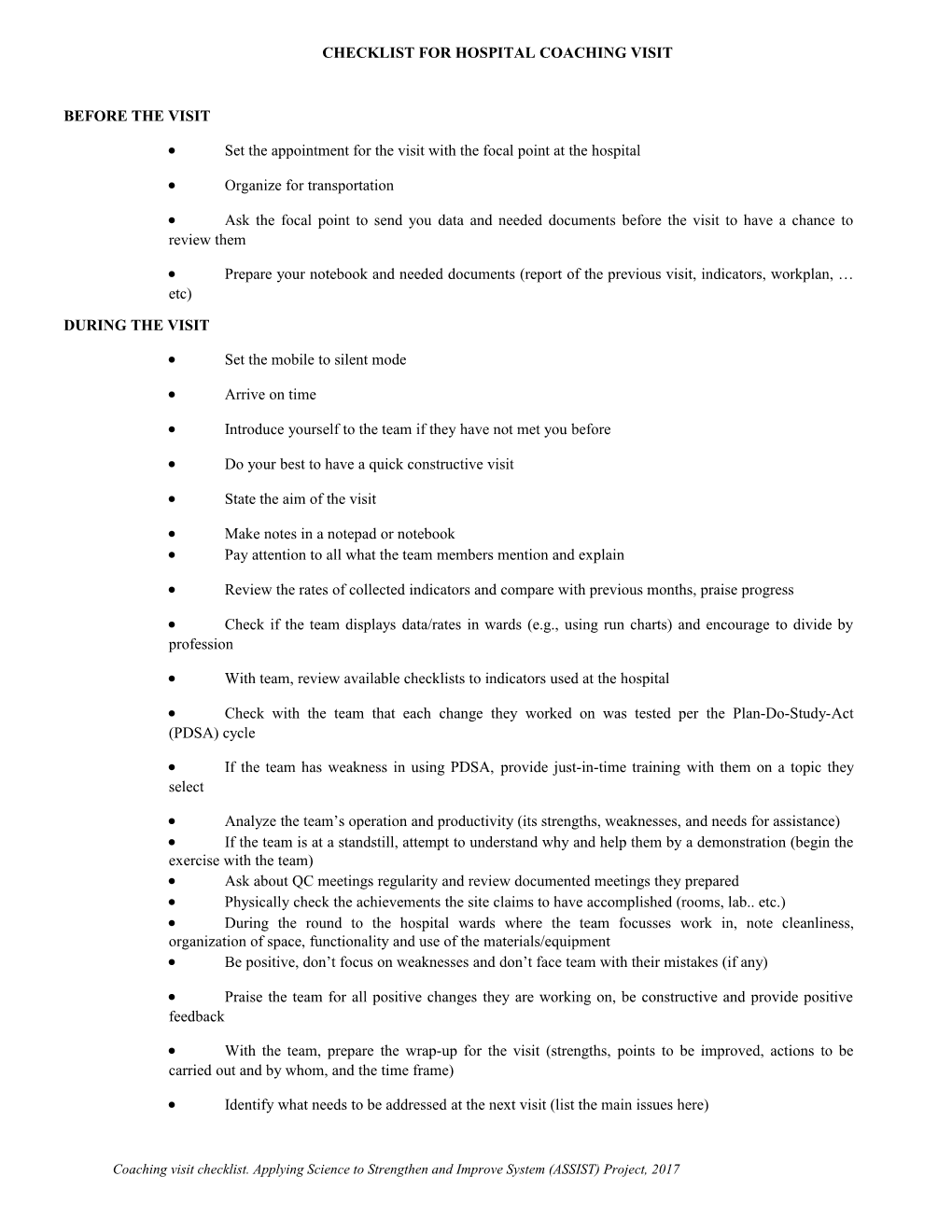 Checklist for Hospital Coaching Visit