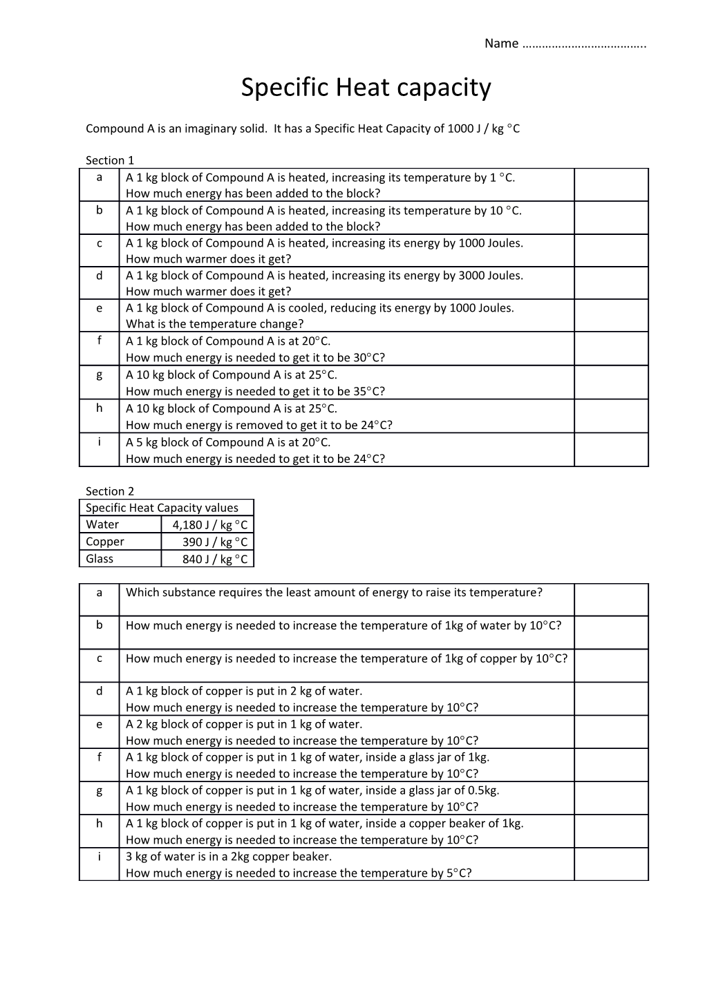 Compound a Is an Imaginary Solid. It Has a Specific Heat Capacity of 1000 J / Kg C