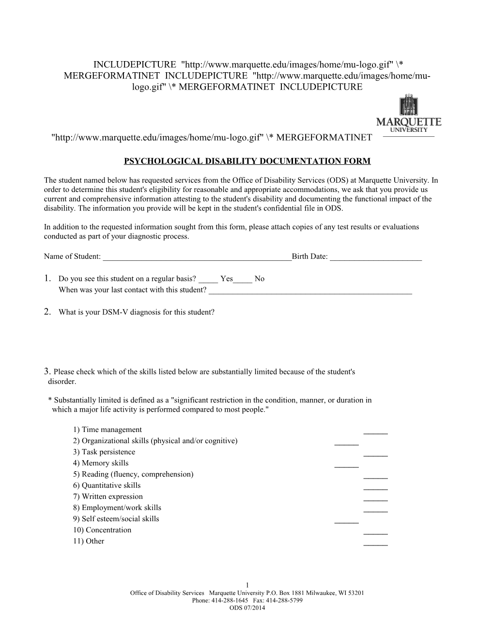 Psychological Disability Documentation Form