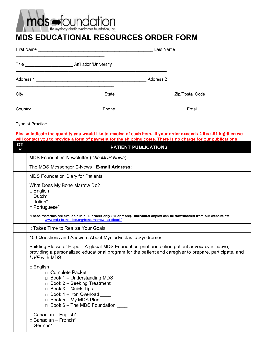 Mds Educational Resources Order Form