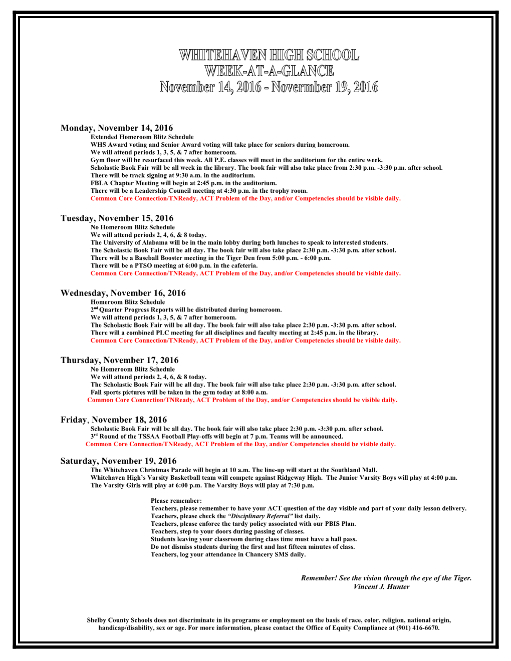 Extended Homeroom Blitz Schedule