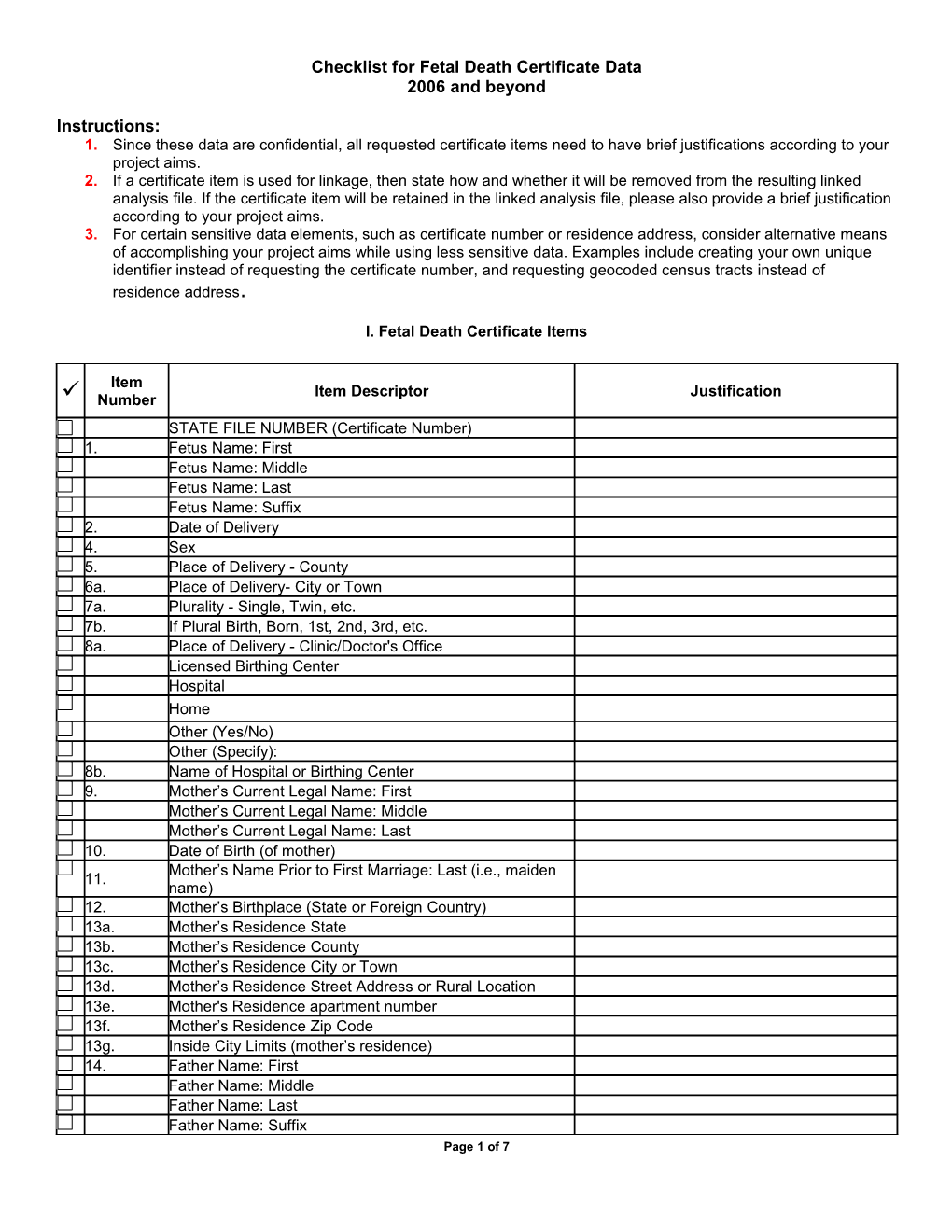 Checklist for Fetal Death Certificate Data