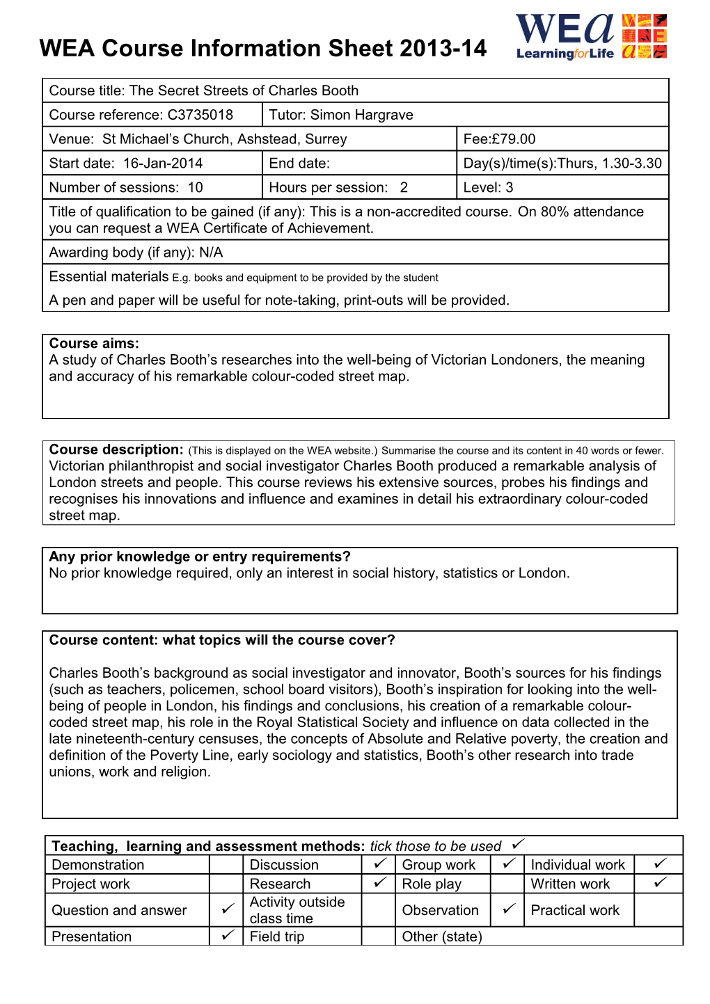 WEA Course Information Sheet2013-14