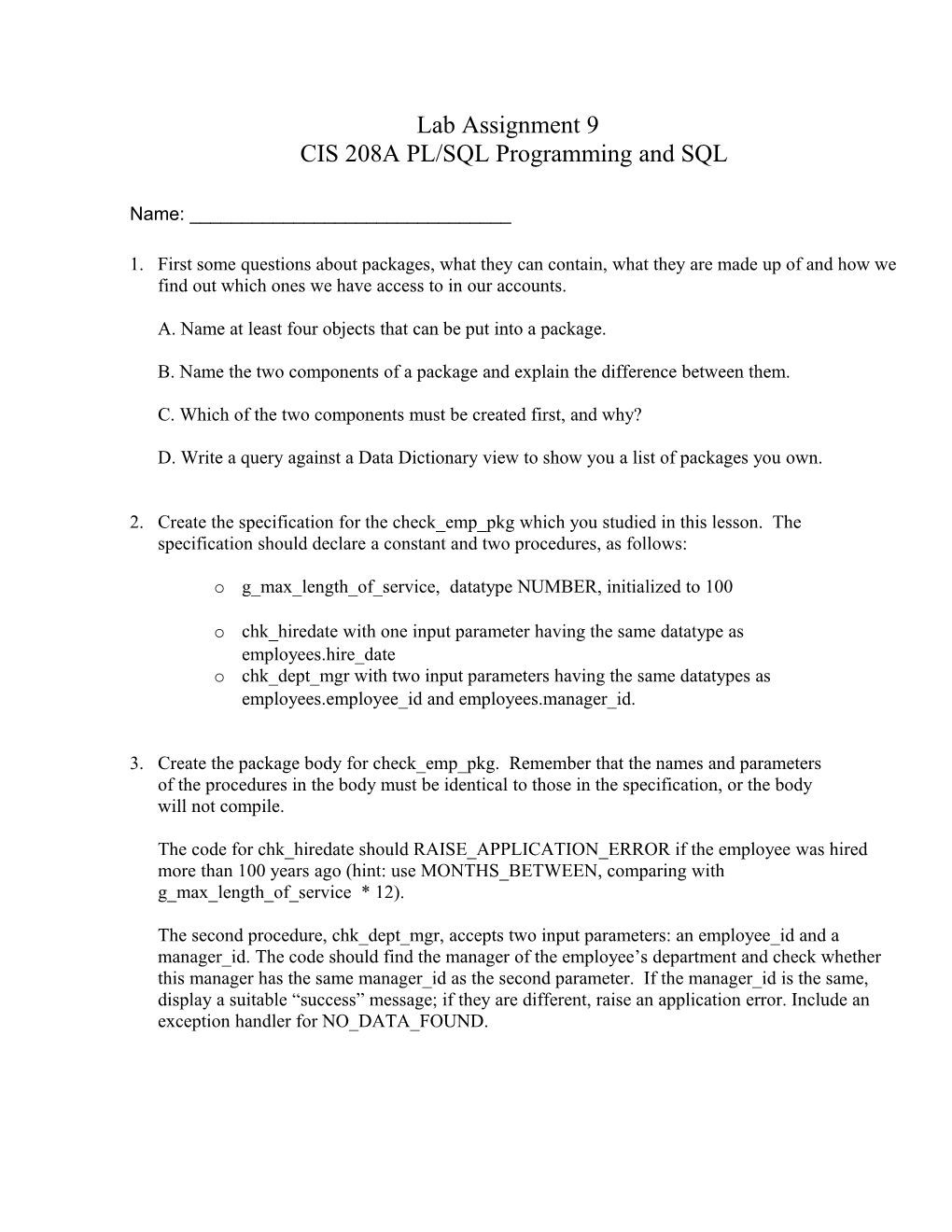 Lab Assignment 9 CIS 208A PL/SQL Programming and SQL