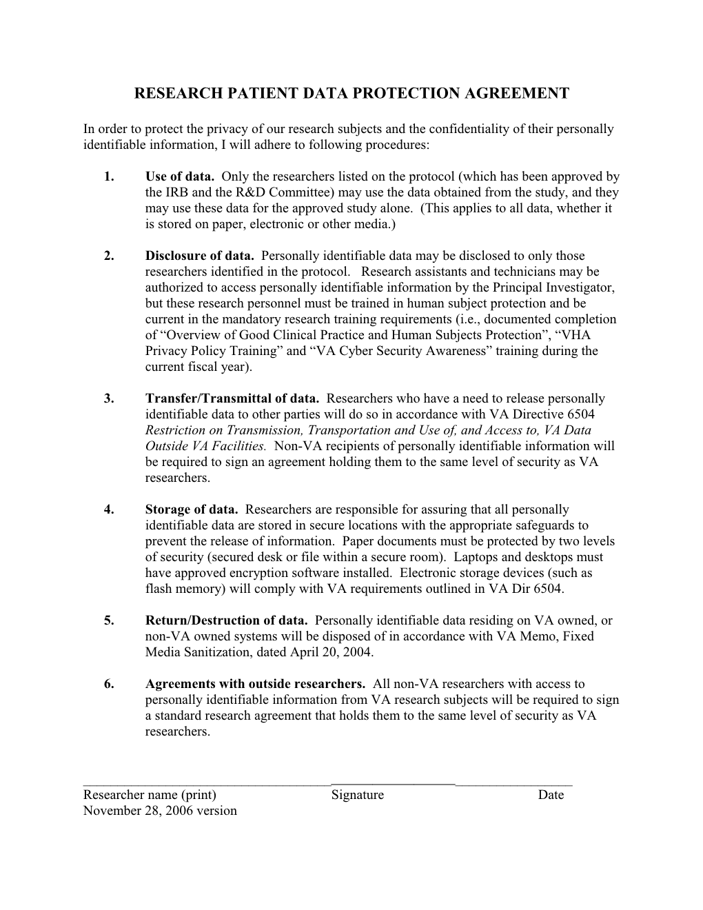 Research Patient Data Protection Procedures