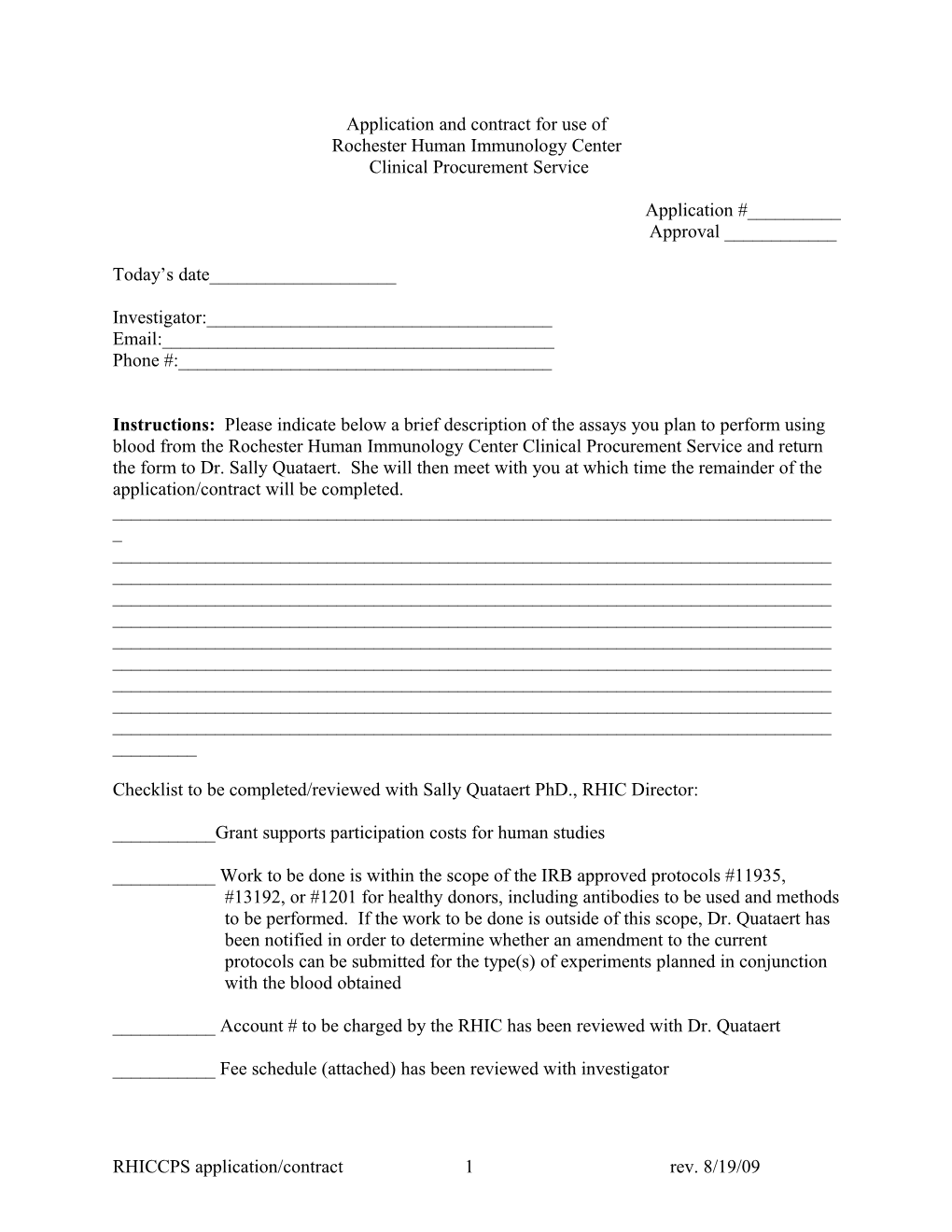 Application for Use of RHIC Phlebotomy Service