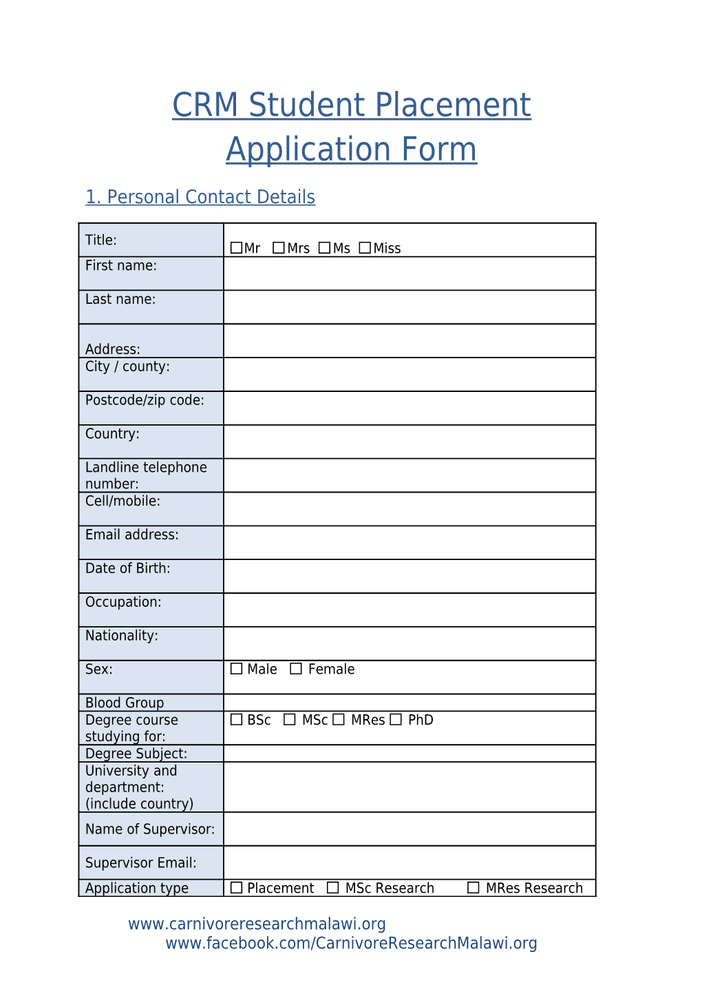 CRM Student Placement Application Form