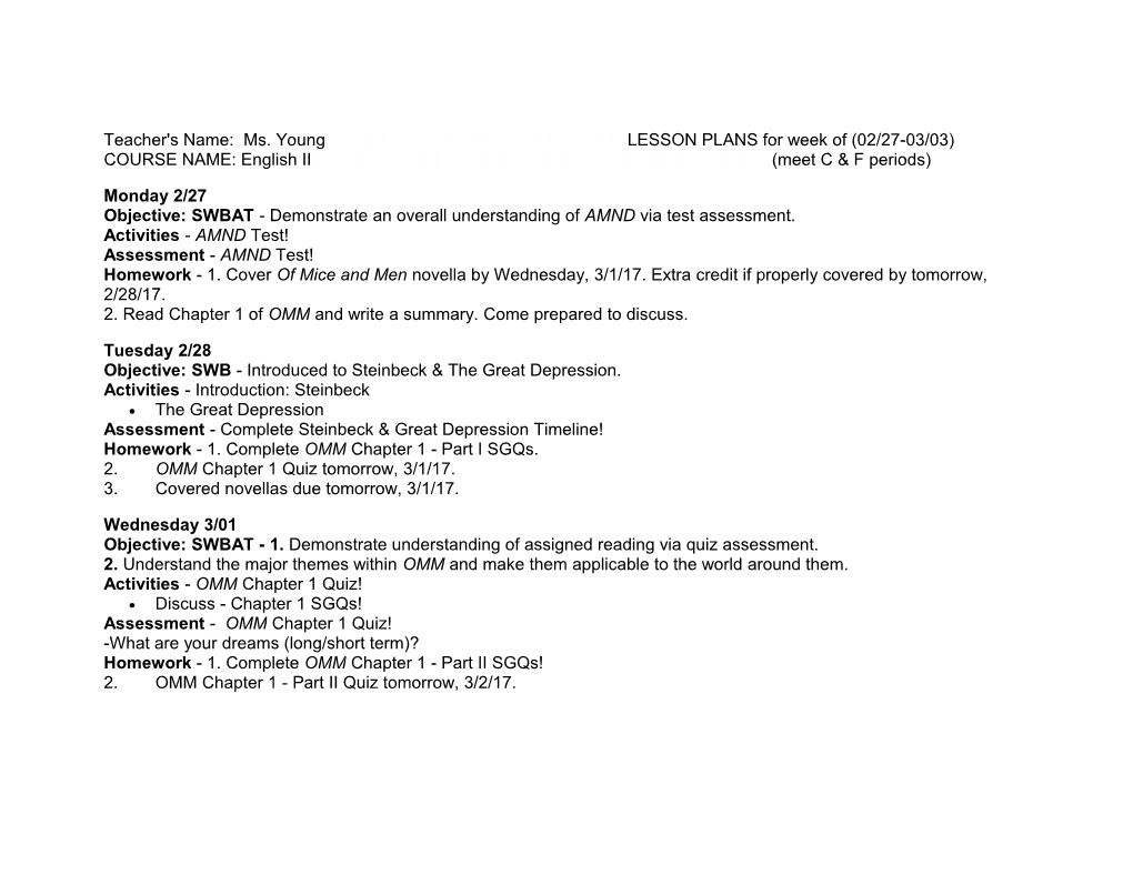 Teacher's Name: Ms. Young LESSON PLANS for Week of (02/27-03/03)